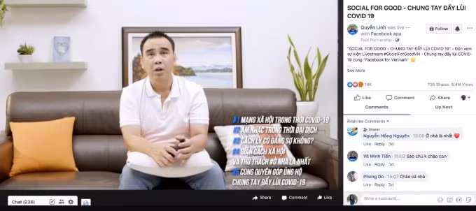 MC Quyền Linh trong chương trình Livestream “Chung tay đẩy lùi COVID-19”.