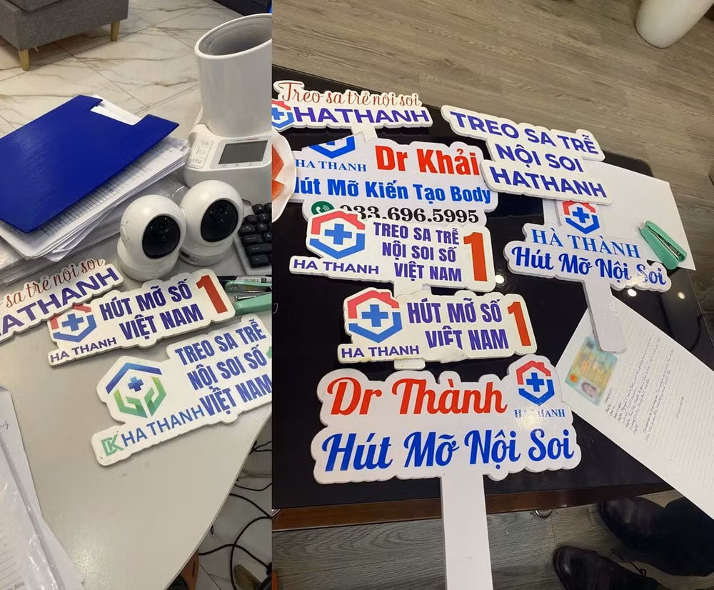 Các biển quảng cáo, dụng cụ và tài liệu thu giữ tại cơ sở thẩm mỹ HT CLINIC