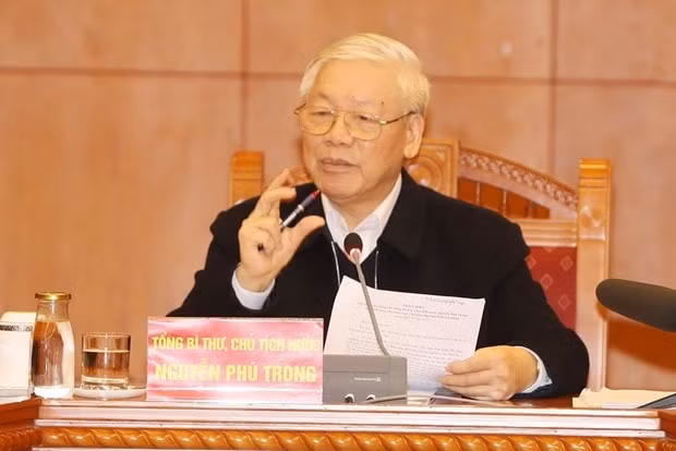 Tổng Bí thư, Chủ tịch nước Nguyễn Phú Trọng, Trưởng Tiểu ban Văn kiện Đại hội XIII của Đảng phát biểu kết luận cuộc họp. Ảnh: TTXVN.