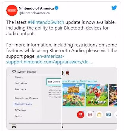 nha san xuat nintendo tung ban cap nhat ket noi am thanh qua bluetooth cho switch hinh 1