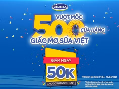 Tháng 4 này, bùng nổ khuyến mại mừng hệ thống Vinamilk Giấc Mơ Sữa Việt vượt mốc 500 cửa hàng, ngoài ưu đãi đặc biệt giảm 50.000 đồng cho đơn hàng từ 500.000 đồng mừng sự kiện vượt mốc 500 cửa hàng trên cả nước, người tiêu dùng còn được giảm giá đặc biệt khi mua nước trái cây cao cấp Fruit Love, sữa trái cây cho trẻ em Hero hay nhận các quà tặng gối đi xe máy cao cấp và ba lô cho bé khi mua sữa bột trẻ em Yoko.
