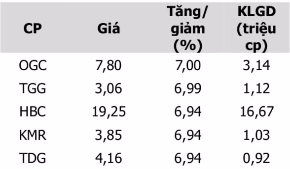 Top 5 cổ phiếu tăng mạnh nhất trong ngày 7/4 - Nguồn: MBKE
