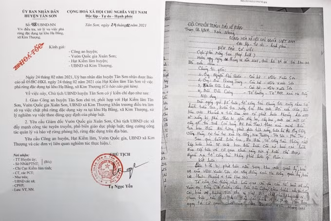Công văn hỏa tốc của UBND huyện Tân Sơn và Biên bản sự việc và Bảng kiểm kê lâm sản của Trạm Quản lí và bảo vệ rừng xóm Nhằng.