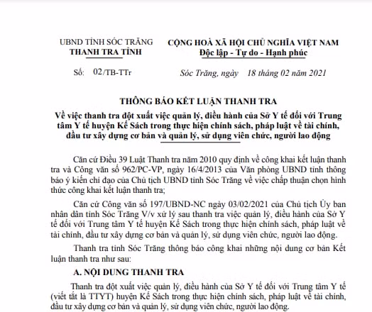 Thông báo kết luận thanh tra của Thanh tra tỉnh Sóc Trăng
