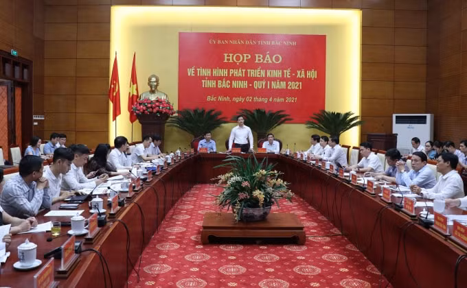 Họp báo về tình hình kinh tế, xã hội quý I/2021 với các cơ quan báo chí ngày 2/4 tại Trung tâm Văn hóa Kinh Bắc, thành phố Bắc Ninh.