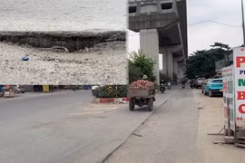Mặt đường trước bến xe Yên Nghĩa sụt lún, nguy cơ tai nạn rất cao