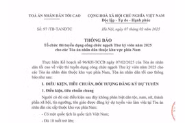 Thông báo thi tuyển công chức ngạch Thư ký viên TAND năm 2025 khu vực phía Nam