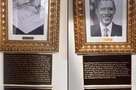 Nhà Trắng gắn biển công kích dưới chân dung hai ông Biden và Obama