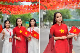 Các người đẹp phim giờ vàng VTV rạng rỡ trong buổi tập luyện chuẩn bị lễ diễu binh, diễu hành 2/9