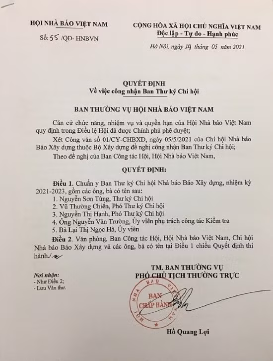 Quyết đinh về việc công nhận Ban Thư ký Chi hội Nhà báo Báo Xây dựng