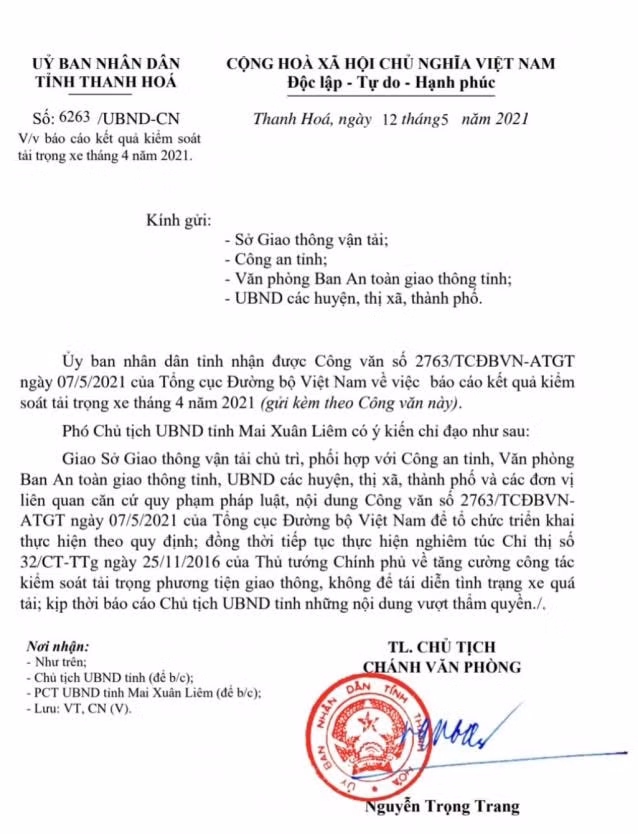 Văn bản chỉ đạo tăng cường công tác kiểm soát tải trọng phương tiện giao thông của UBND tỉnh Thanh Hoá
