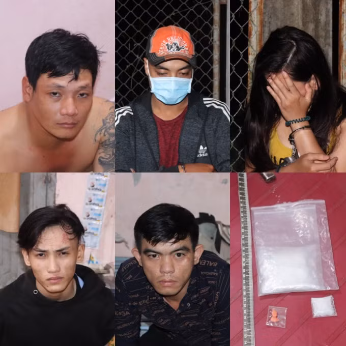 Các đối tượng cùng tang vật tại hiện trường. (Ảnh Công an Sóc Trăng)