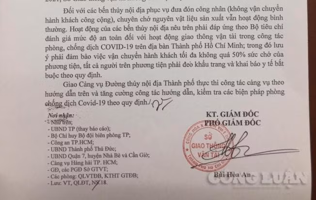 Văn bản xác nhận, các bến thủy nội địa phục vụ đưa đón công nhân (không vận chuyển hành khách công cộng), chuyên chở nguyên vật liệu sản xuất vẫn hoạt động bình thường.