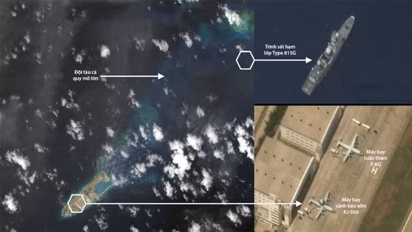 Tàu trinh sát, máy bay quân sự Trung Quốc hiện diện trái phép ở quần đảo Trường Sa của Việt Nam ngày 9/6. Ảnh: Maxar
