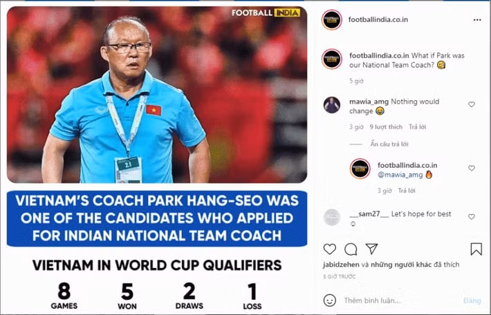 Một trang thông tin Ấn Độ đăng tải thông tin HLV Park Hang Seo lọt vào tấm ngắm của AIFF. Ảnh: internet