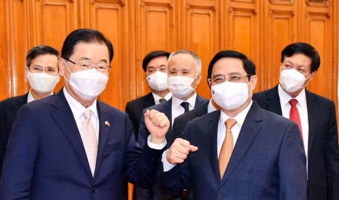 Thủ tướng Chính phủ Phạm Minh Chính và Bộ trưởng Ngoại giao Hàn Quốc Chung Eui Yong.