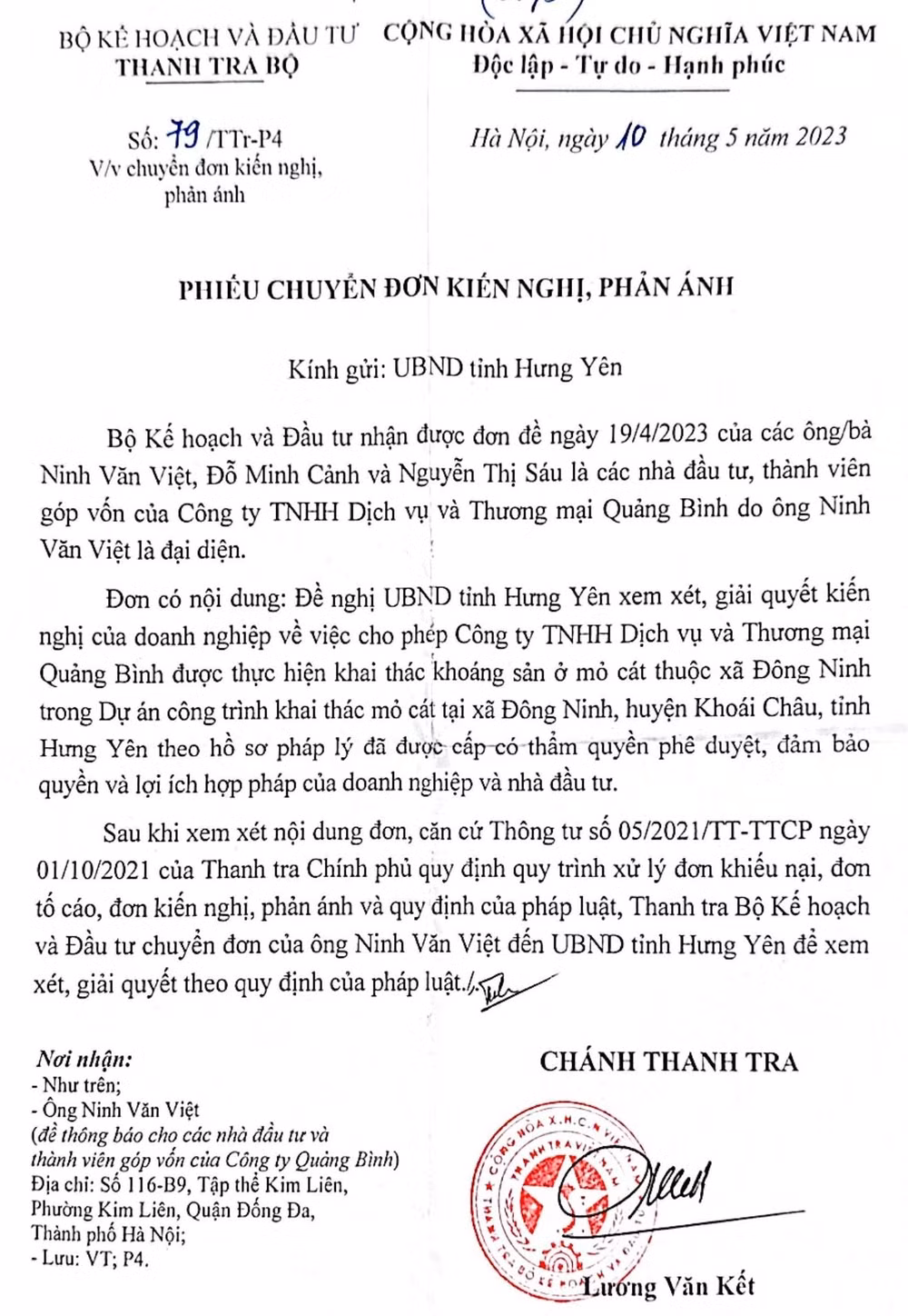 thanh tra bo ke hoach va dau tu chuyen don cua cong ty quang binh de nghi ubnd tinh hung yen giai quyet hinh 1