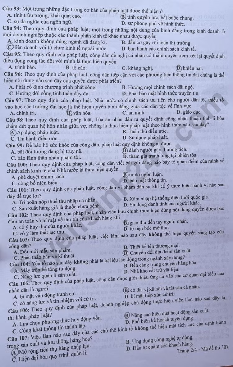 de thi tot nghiep thpt 2023 mon giao duc cong dan ma de 307 hinh 2