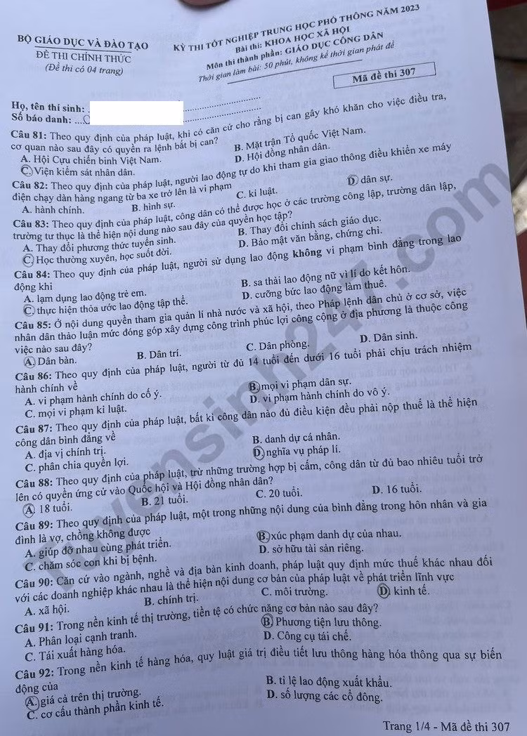 de thi tot nghiep thpt 2023 mon giao duc cong dan ma de 307 hinh 1