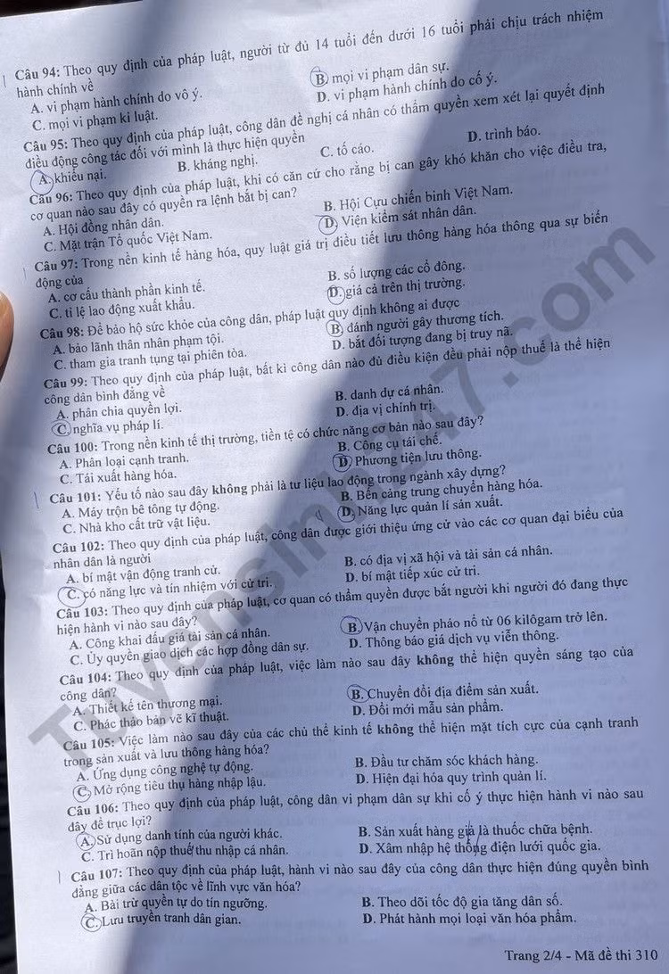 de thi tot nghiep thpt 2023 mon giao duc cong dan ma de 310 hinh 2