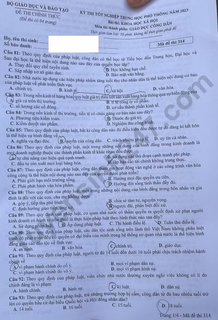 de thi tot nghiep thpt 2023 mon giao duc cong dan ma de 314 hinh 1