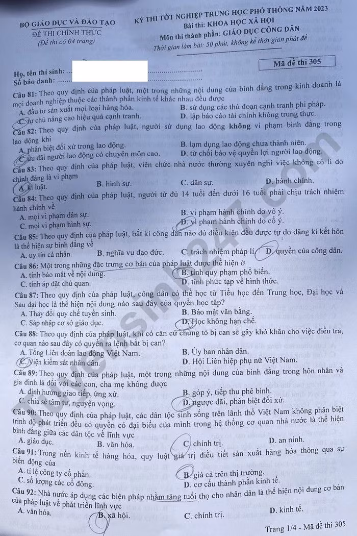 de thi tot nghiep thpt 2023 mon giao duc cong dan ma de 305 hinh 1