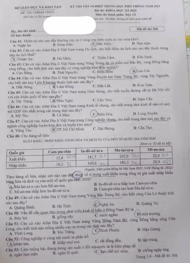 de thi tot nghiep thpt 2023 mon dia ly ma de 306 hinh 1