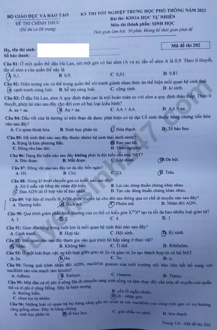 de thi tot nghiep thpt 2023 mon sinh hoc ma de 202 hinh 1