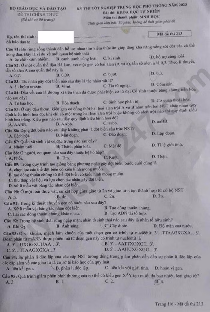de thi tot nghiep thpt 2023 mon sinh hoc ma de 213 hinh 1