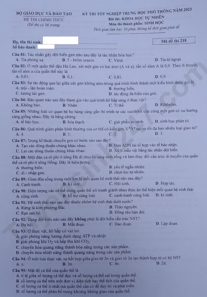 de thi tot nghiep thpt 2023 mon sinh hoc ma de 218 hinh 1