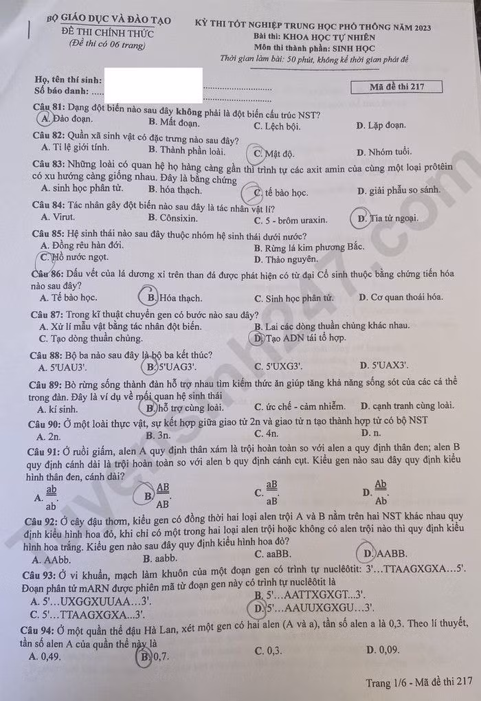 de thi tot nghiep thpt 2023 mon sinh hoc ma de 217 hinh 1