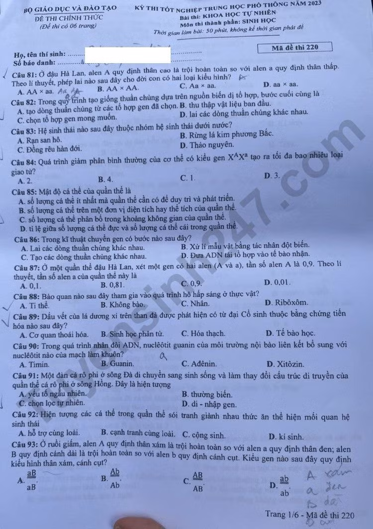 de thi tot nghiep thpt 2023 mon sinh hoc ma de 220 hinh 1