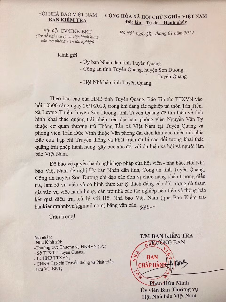 Công văn Ban Kiểm tra - Hội Nhà báo Việt Nam gửi các đơn vị chức năng tỉnh Tuyên Quang