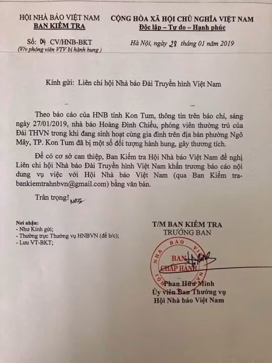 Công văn Ban Kiểm tra đề nghị Liên Chi hội Nhà báo Đài Truyền hình Việt Nam báo cáo bằng văn bản tới Hội Nhà báo Việt Nam.