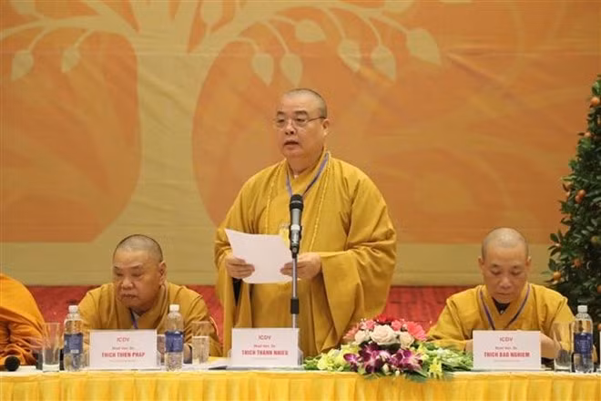 Hòa thượng Thích Thanh Nhiễu - Phó Chủ tịch Thường trực Hội đồng trị sự Trung ương Giáo hội Phật giáo Việt Nam phát biểu. Ảnh: Ninh Đức Phương/TTXVN