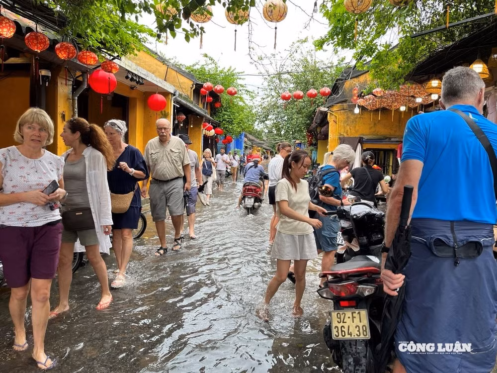 Người dân và du khách bì bõm lội nước.