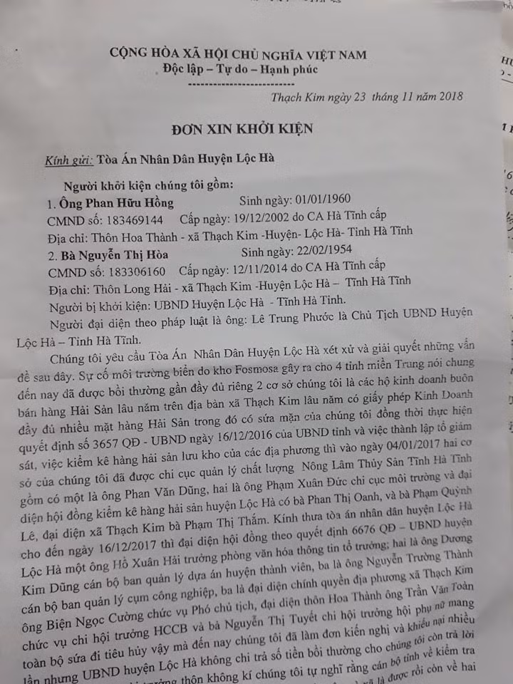 Đơn khởi kiện huyện Lộc Hà của người dân