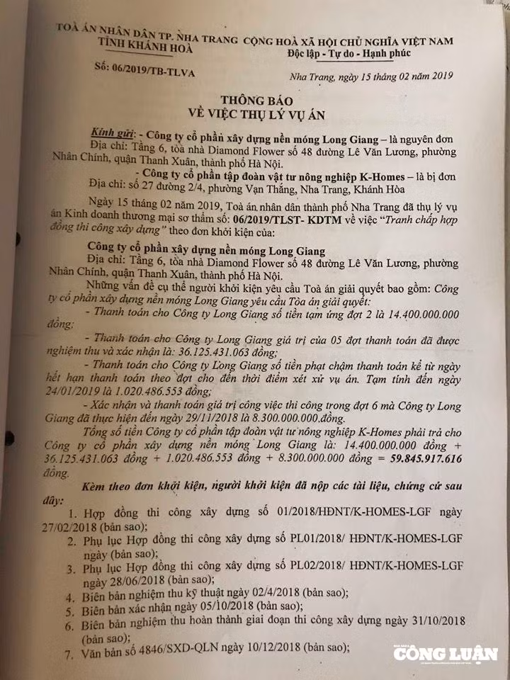 Văn bản thông báo thụ lí vụ việc của TAND TP Nha Trang
