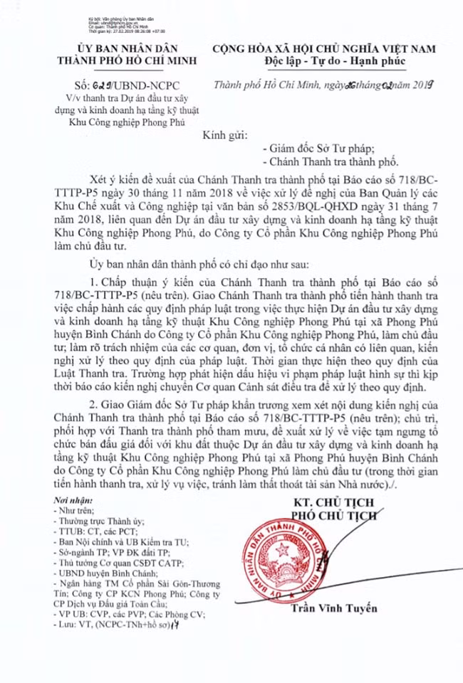 Văn bản số 629/UBND-NCPC mà Phó Chủ tịch UBND TPHCM Trần Vĩnh Tuyến vừa ký ban hành hôm 26/2 vừa qua.