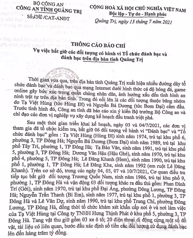 công an tỉnh Quảng Trị thông cáo báo chí về vụ án.
