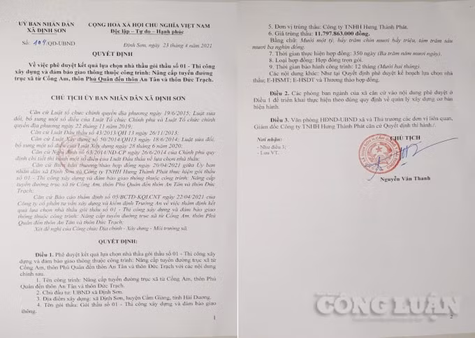 Quyết định phê duyệt kết quả trúng thầu số 104/QĐ-UBND, ngày 23/4/2021 do ông Nguyễn Văn Thanh – Chủ tịch UBND xã đã phê duyệt cho Công ty Hưng Thành Phát