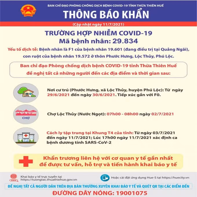 Thông báo khẩn của Ban chỉ đạo phòng chống dịch bệnh Covid-19 tỉnh Thừa Thiên Huế.