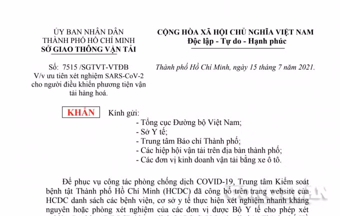 Văn bản khẩn của Sở GTVT TP. HCM