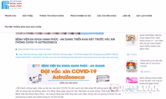 Thông báo trên website của Bệnh viện Đa khoa Hạnh Phúc - An Giang