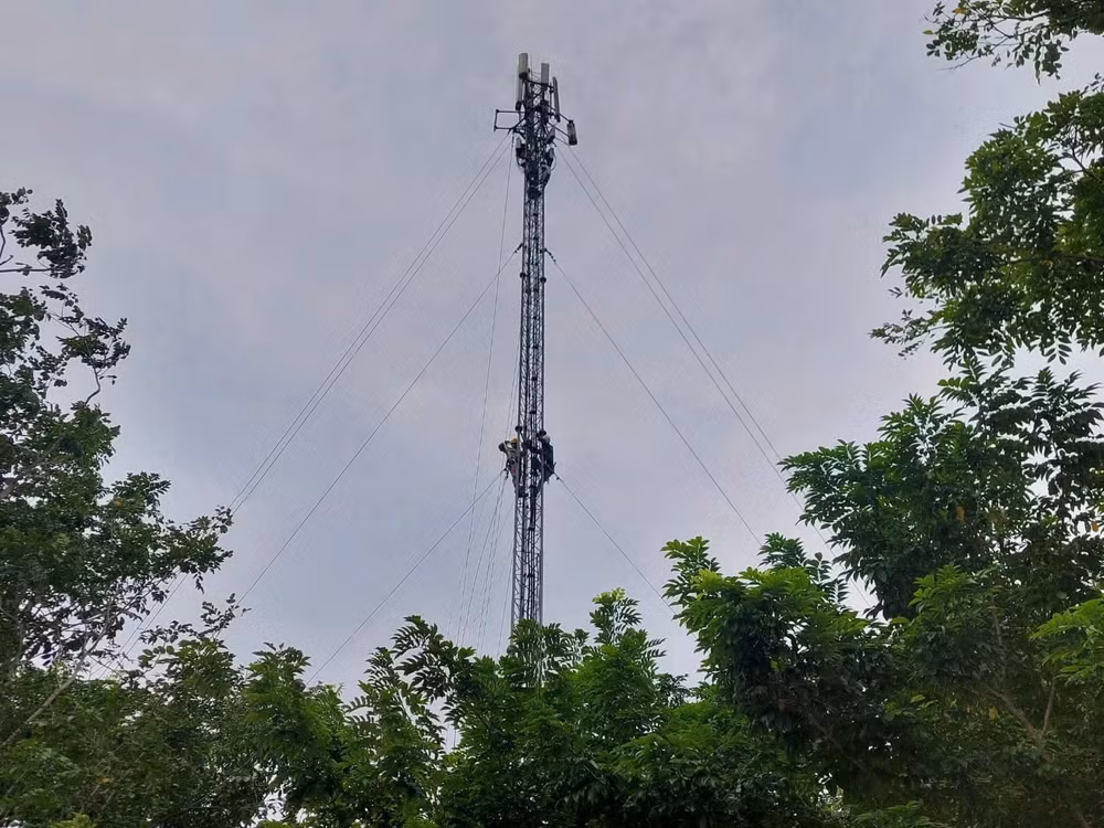 Kỹ thuật viên Viettel thực hiện các biện pháp kiên cố mạng lưới trước bão