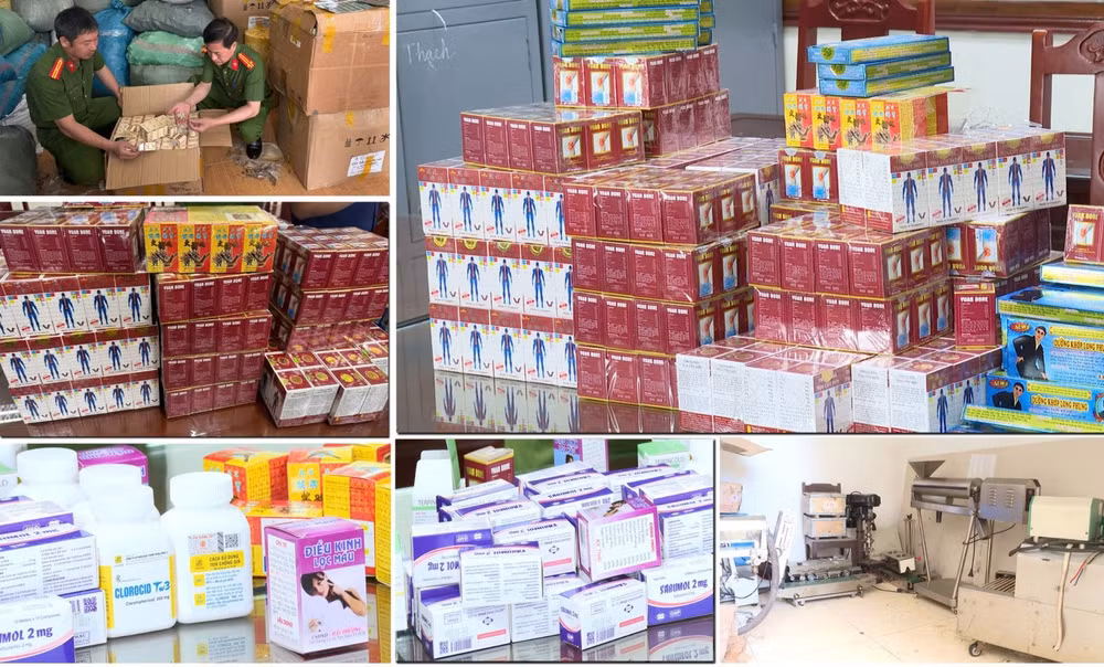 Một số loại thuốc tân dược giả và dụng cụ dùng để sản xuất thuốc giả bị thu giữ.