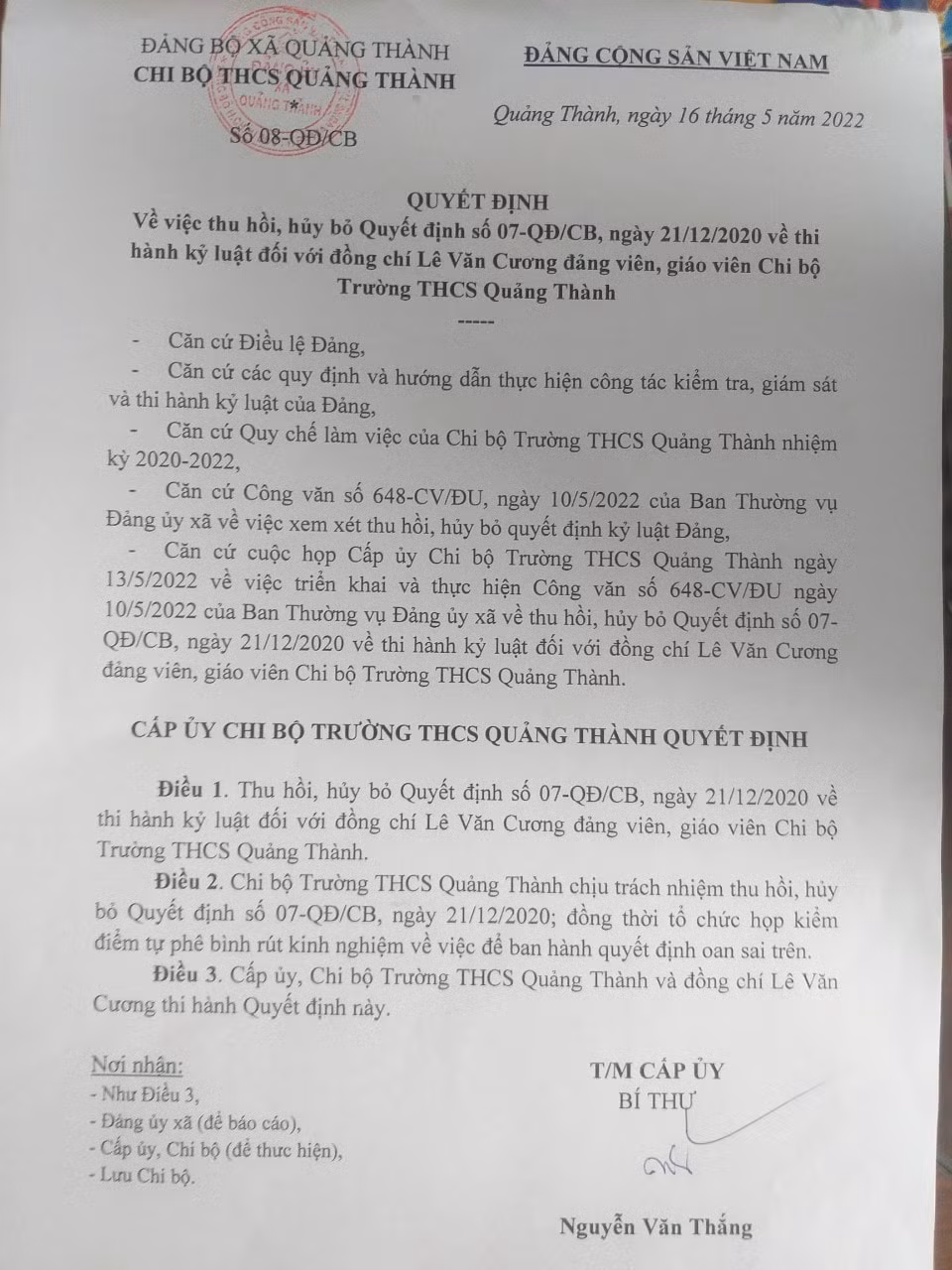 chinh thuc thu hoi huy bo quyet dinh ky luat dang voi thay giao le van cuong hinh 1