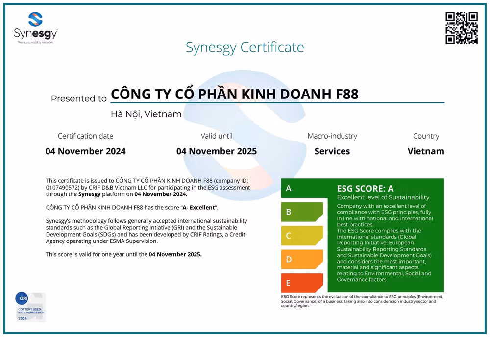 f88 duoc chung nhan doanh nghiep esg ben vung hinh 1