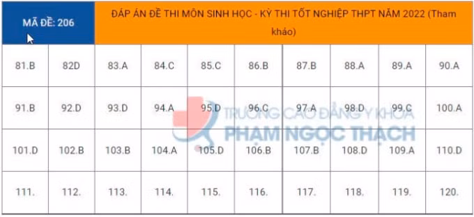 dap an de thi tot nghiep thpt 2022 mon sinh hoc ma de 206 tham khao hinh 1