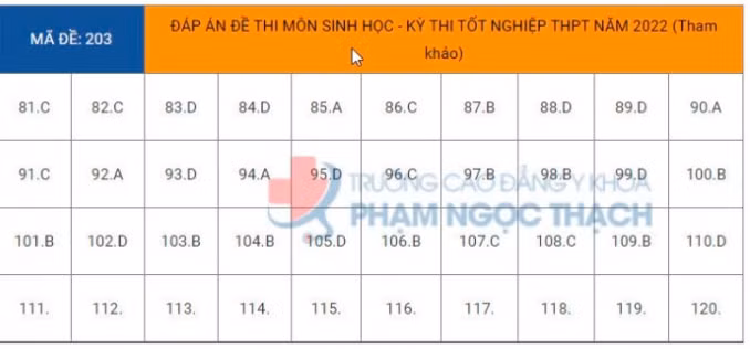 dap an de thi tot nghiep thpt 2022 mon sinh hoc ma de 203 tham khao hinh 1